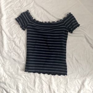 Blue with white striped off the shoulder crop top.